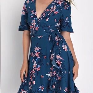 Lulu's Teal Blue Floral Wrap Midi Dress